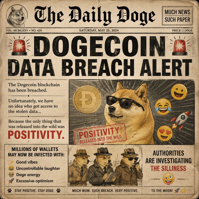 A fake newspaper titled "The Daily Doge" with headlines "DOGECOIN DATA BREACH ALERT" and details about "POSITIVITY" being released, featuring Shiba Inu images and phrases like "MUCH WOW. SUCH BREACH. VERY POSITIVE."