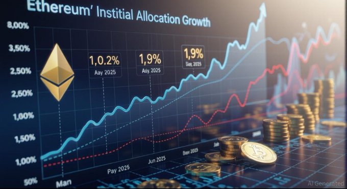 A financial chart titled "Ethereum's Instiutinal Allocation Growth" shows an upward trend with key data points of 1.02% (Aay 2025), 1.9% (July 2025), and 1.9% (Sne 2025), accompanied by the Ethereum logo and stacks of gold coins on a grid background. The image visually reinforces the post's message about growing institutional demand for ETH, illustrating the rising allocation percentages that align with the mentioned ETF inflows and Ethereum's strong momentum above $2,000.