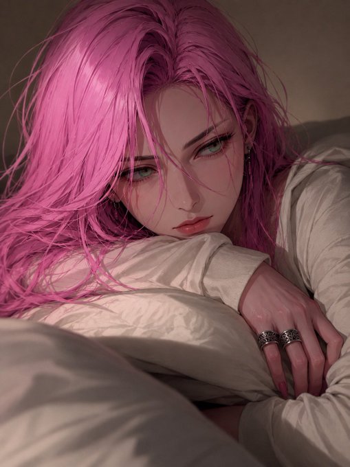 A young woman with vibrant pink hair and a soft, contemplative expression rests her head on a white pillow, wearing two silver rings on her finger, creating a serene and intimate mood that contrasts with the energetic, competitive tone of the post about the Haaland vs. Mbappé matchup and Web3 projects.