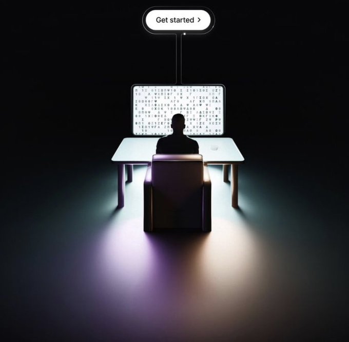 A silhouetted figure sits in a chair facing a glowing screen displaying text, with a 'Get started >' prompt floating above in a dark setting.