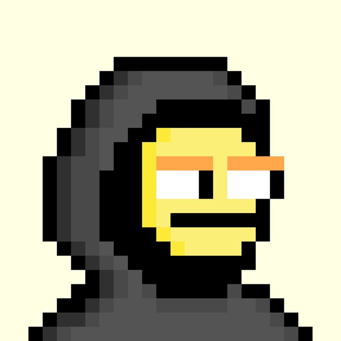 A pixel art illustration of a character wearing a black hooded cloak, revealing a yellow face with orange eyebrows and white rectangular eyes against a pale cream background.