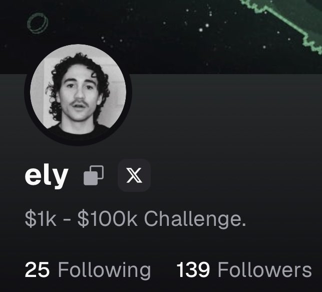 A profile for user "ely" on what appears to be the Pump.fun platform shows a $1k-$100k Challenge banner with 139 followers and 25 following, while a black-and-white avatar photo is displayed above the username and X/Twitter icon.