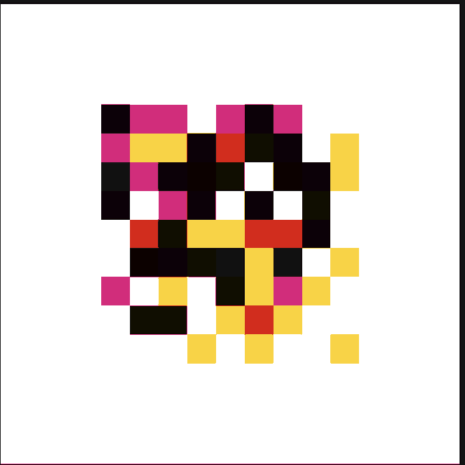 An abstract pixel art composition made of black, pink, yellow, red, and white squares on a white background.