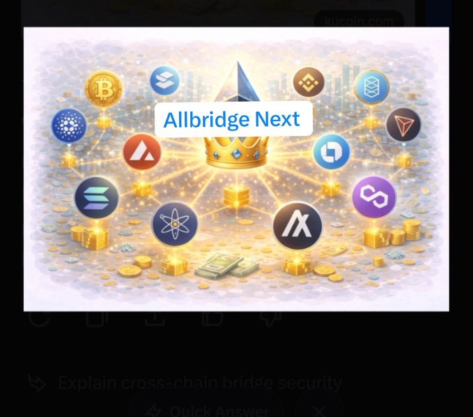 The image shows a promotional graphic for "Allbridge Next" featuring a central golden crown surrounded by various cryptocurrency logos including Bitcoin, Ethereum, Solana, Tron, and others, with scattered gold coins and cash at the bottom. The visual emphasizes Allbridge's cross-chain bridging capabilities, aligning with the post's message about the platform handling meaningful transaction flows across chains like Tron and Ethereum without bottlenecks as volume scales.
