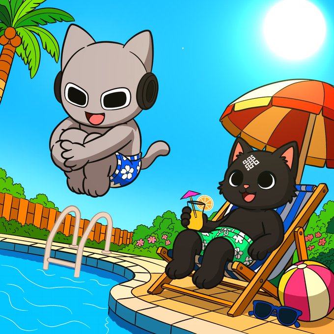A gray cat wearing headphones and floral swim trunks jumps into a pool next to a black cat in green floral swim trunks relaxing on a beach chair with a tropical drink, sunbathing under a bright sun and colorful umbrella. The scene captures the post's playful theme of "chilling out" amid the hot crypto buzz around @ritualnet and @Initiatenft_ access codes and Genesis 1000, with Siggy and friends enjoying a well-deserved pool break.