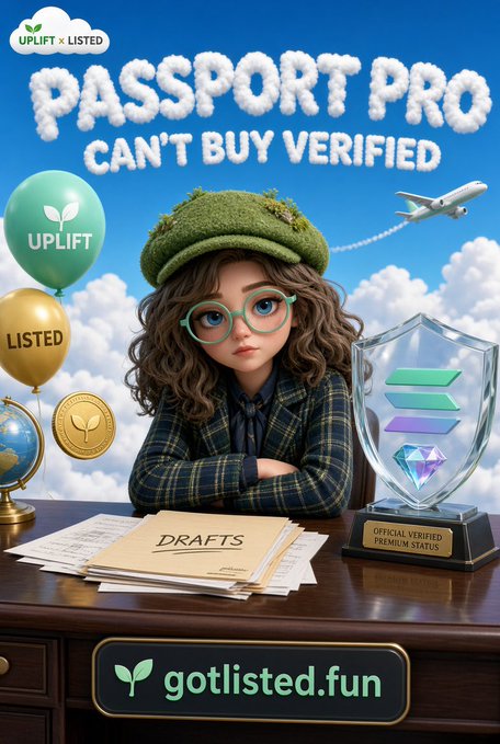 The image shows a stylized cartoon woman wearing glasses and a green beret, sitting at a desk with documents labeled "DRAFTS," a trophy marked "OFFICIAL VERIFIED PREMIUM STATUS," and balloons reading "UPLIFT" and "LISTED," under the headline "PASSPORT PRO — CAN'T BUY VERIFIED," with the website "gotlisted.fun" displayed below.

The graphic reinforces the post's message by visually mocking the idea of purchasing legitimacy, contrasting the "PREMIUM STATUS" trophy and polished branding with the simple word "DRAFTS" — emphasizing that verification is earned through real research and progress, not bought through hype or paid promotions.
