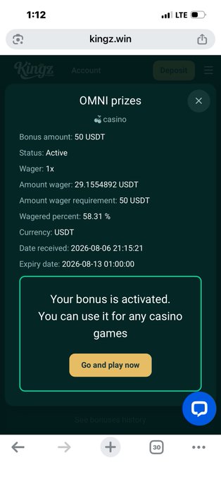 A mobile screenshot of the kingz.win casino website showing an 'OMNI prizes' bonus popup with 50 USDT bonus amount, active status, and a 'Go and play now' button.