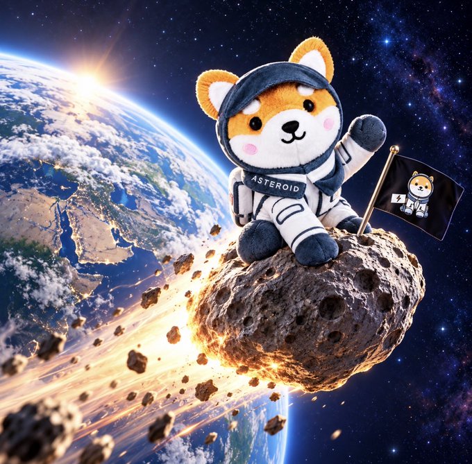 Cute cartoon mascot of an orange cat/dog character wearing a spacesuit with "ASTEROID" on the chest, sitting on an asteroid in space with Earth in the background and holding an ASTEROID logo flag.