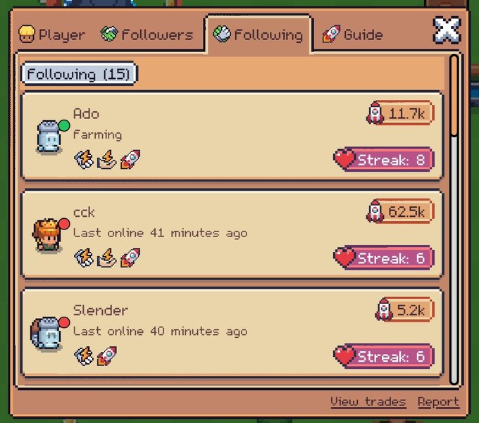 A video game interface screen showing a 'Following' list with 15 players, displaying usernames like 'Ado', 'cck', and 'Slender' along with their online status and streaks.