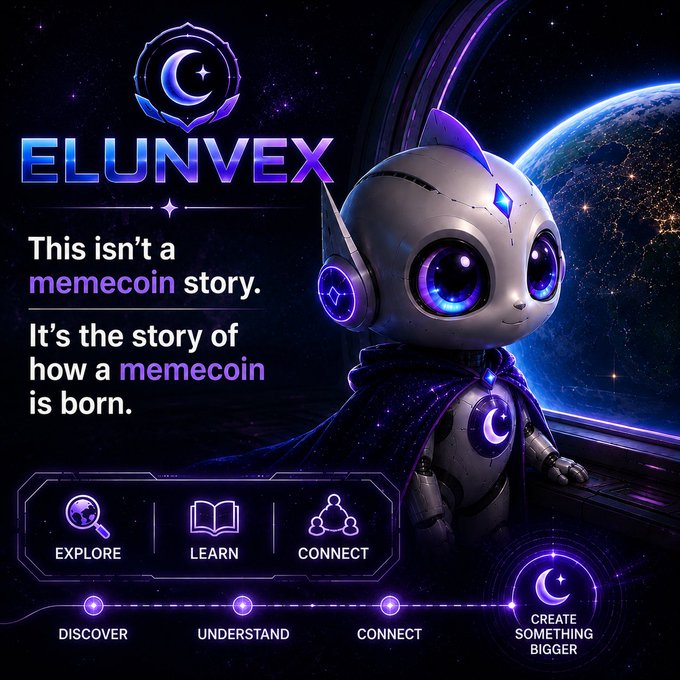 A glossy promotional graphic for "ELUNVEX" featuring a cute purple-and-silver robot mascot with glowing eyes gazing at Earth from space, alongside the tagline "This isn't a memecoin story. It's the story of how a memecoin is born." The image aligns with the post's hashtags by combining sci-fi visuals, crypto/memecoin branding, and a narrative-driven flow (Explore, Learn, Connect, Discover, Understand, Create Something Bigger) that reflects the #Storytelling and #Web3 themes.
