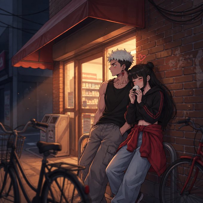 Anime-style illustration of a white-haired man and a black-haired woman sitting together on a bench at night near a brick storefront, with the woman eating something.