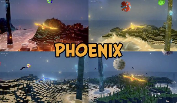 Four screenshots from Minecraft showing different landscapes and dimensions with the word 'PHOENIX' overlaid in orange text.