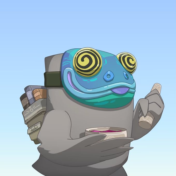 A digital illustration of a gray frog-like NFT character with yellow spiral eyes, wearing a backpack and holding a paintbrush and paint container against a light blue background.