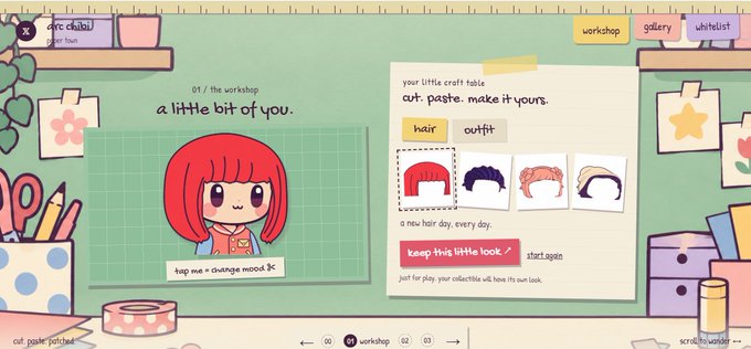 A character creation screen from a game called 'love club!' displays a chibi-style red-haired girl with the text 'a little bit of you' and options to cut, paste, and customize her look.