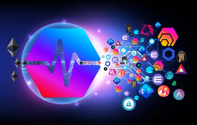 A digital illustration showing a large, colorful cryptocurrency coin logo on the left, with various smaller crypto and NFT icons bursting outward to the right against a dark background.