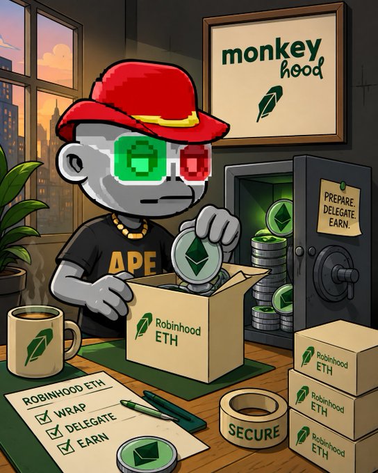 A cartoon illustration of a monkey character in an 'APE' shirt and red cap packing Ethereum coins into a 'Robinhood ETH' box, with signage reading 'monkey hood' and 'PREPARE, DELEGATE, EARN'.