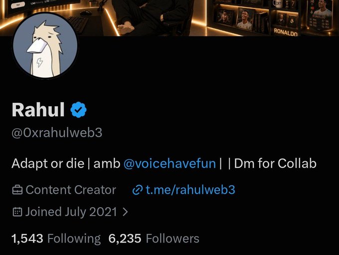 Twitter/X profile screenshot for "Rahul" (@0xrahulweb3), a verified Content Creator, with the bio "Adapt or die | amb @voicehavefun | Dm for Collab" and 6,235 followers.