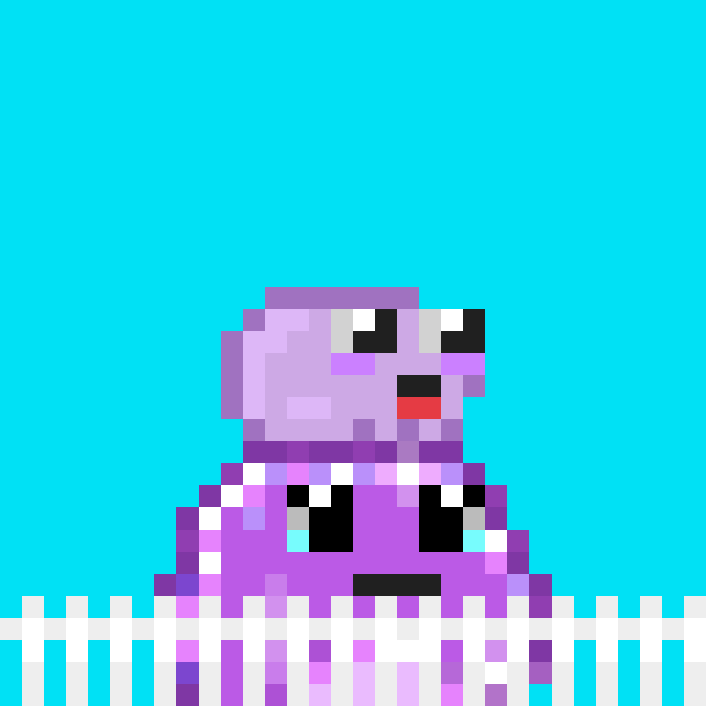 The image features a purple jellyfish with big eyes, sitting atop a white fence. The fence has a small portion cut off at the bottom, revealing a portion of the fence's underside. The background of the image is blue, providing a contrast to the vibrant purple color of the jellyfish and the white fence. There are no other objects or text in the image besides these elements.