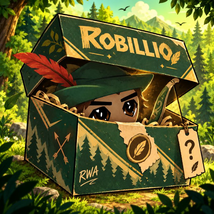 A cute anime-style character wearing a green Robin Hood hat peeks out of a treasure chest labeled "ROBILLIO," set in a lush forest setting with "RWA" and "?" tags visible on the box. The image ties directly to the tweet's promotion of the Robillio NFT collection drop, emphasizing the Robin Hood theme and the teased Real World Assets (RWA) utility mentioned in the post.