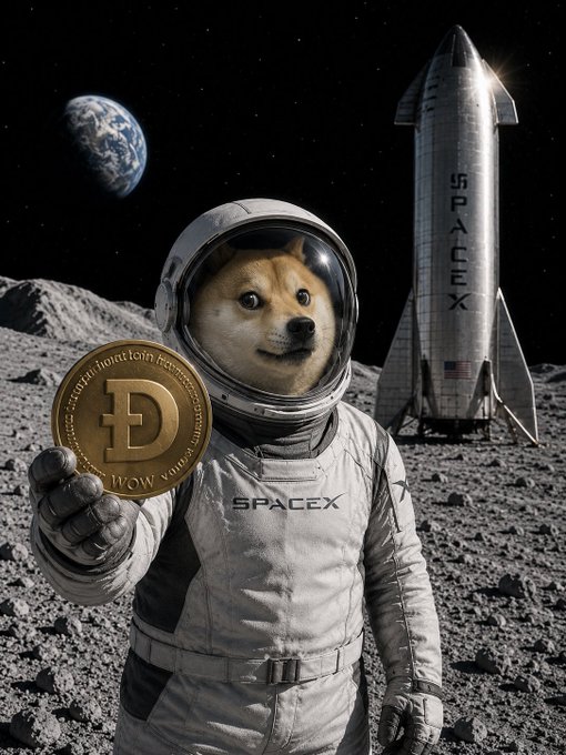 The image features a dog dressed as an astronaut, standing on the moon with a gold coin in its mouth. The caption below the image reads "DOGE is underestimated so much. Everything will come back after @SpaceX IPO". This statement emphasizes the importance of DOGE and the impact it can have on the future of space exploration.