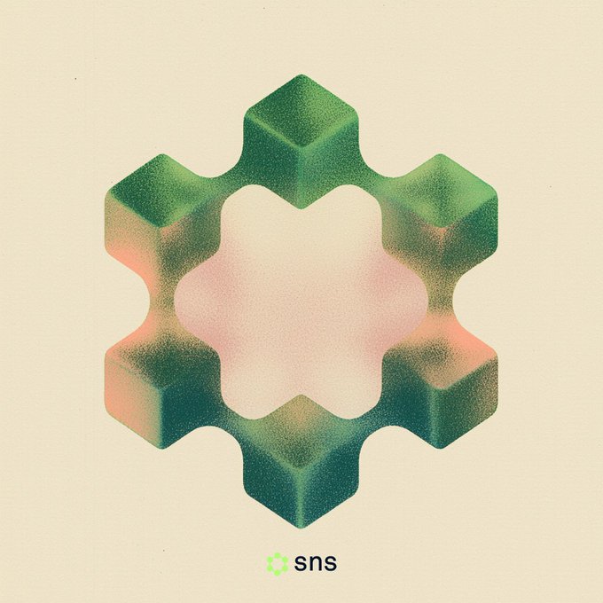 An artistic illustration of a green, star-shaped hexagonal geometric figure with a lighter center, labeled 'sns' at the bottom on a cream background.