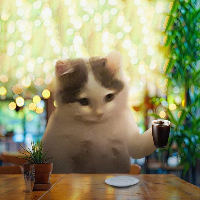 An AI-generated image of a cute kitten sitting at a wooden café table, holding a small espresso cup, with a bokeh light background and a small potted succulent on the table.