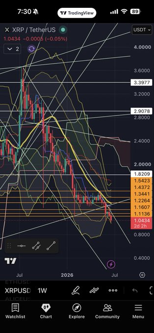 The image shows a TradingView weekly chart of XRP/USDT, displaying a significant downtrend from around $4.00 to approximately $1.0434 (-0.05%), with multiple descending trendlines and support levels visible between $1.0434 and $3.3977. This bearish price action aligns with the post's sentiment that the XRP holder is unbothered by price drops while awaiting the CLARITY Act, viewing dips as buying opportunities.