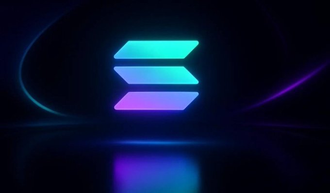 The image displays the Solana logo, featuring three stacked, gradient-colored parallelogram shapes in teal, blue, and purple, set against a dark background with subtle light reflections. This iconic logo visually represents the $SOL cryptocurrency referenced in the post about Solana's technical price levels and bullish momentum.
