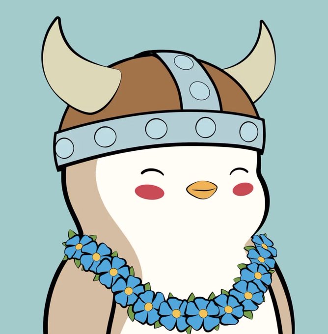A cute cartoon penguin wearing a brown Viking helmet with horns and a wreath of blue flowers, smiling with closed eyes.