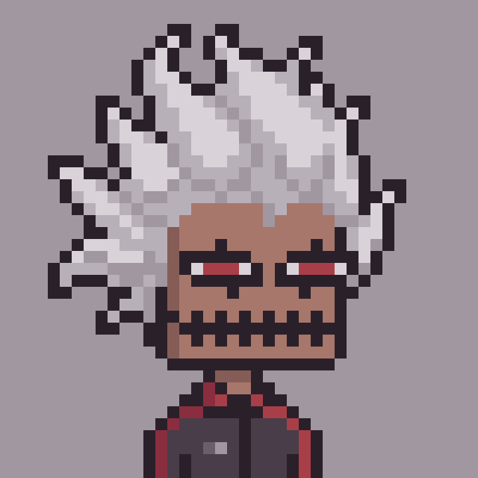 A pixel art portrait of a character with wild white hair, a stitched mouth, red eyes, and a black and red outfit against a gray background.