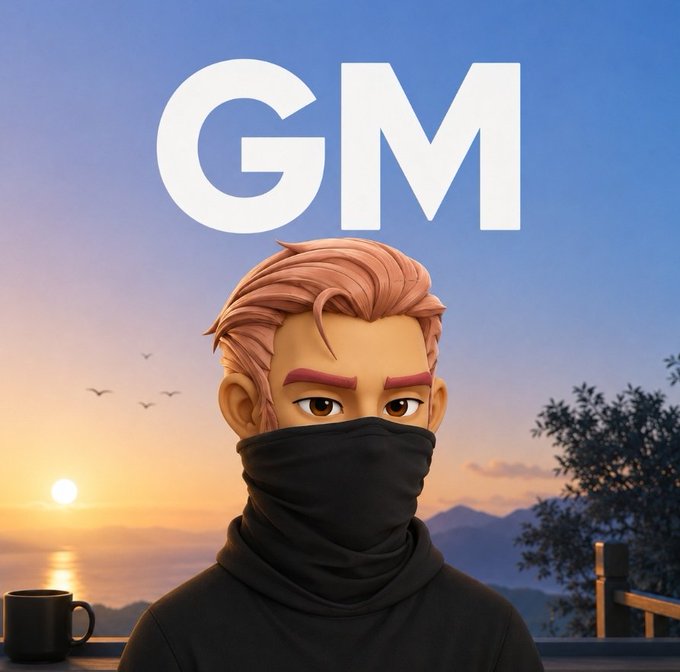 An anime-style illustration of a pink-haired male character wearing a black face mask and hoodie, with large white 'GM' text above against a sunset background.