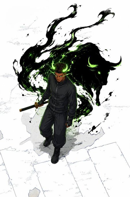 An anime-style illustration of a man in black attire holding a sword, with a glowing green horned spirit and a large bull manifesting behind him in dark, swirling energy.