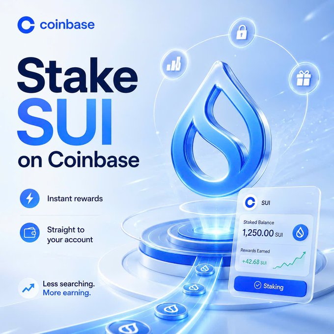 A Coinbase promotional graphic advertising 'Stake SUI on Coinbase' with a large blue SUI water droplet logo, highlighting features like 'Instant rewards,' 'Straight to your account,' and showing a staked balance of 1,250.00 SUI with rewards earned of +42.68 SUI.