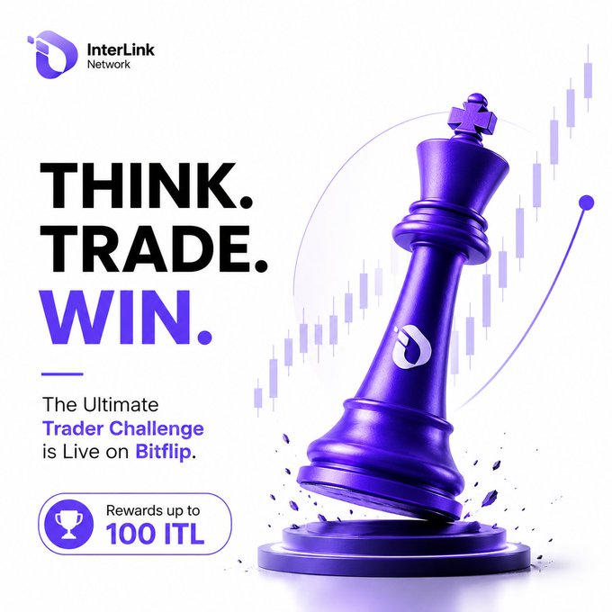 The promotional graphic for InterLink Network's "Think. Trade. Win." campaign features a large purple chess king piece beside an upward-trending candlestick chart, advertising "The Ultimate Trader Challenge is Live on Bitflip" with rewards up to 100 ITL. The chess imagery reinforces the post's theme of testing trading skills as a strategic challenge, while the ascending chart visualizes the competitive upside and potential winnings highlighted in the announcement.