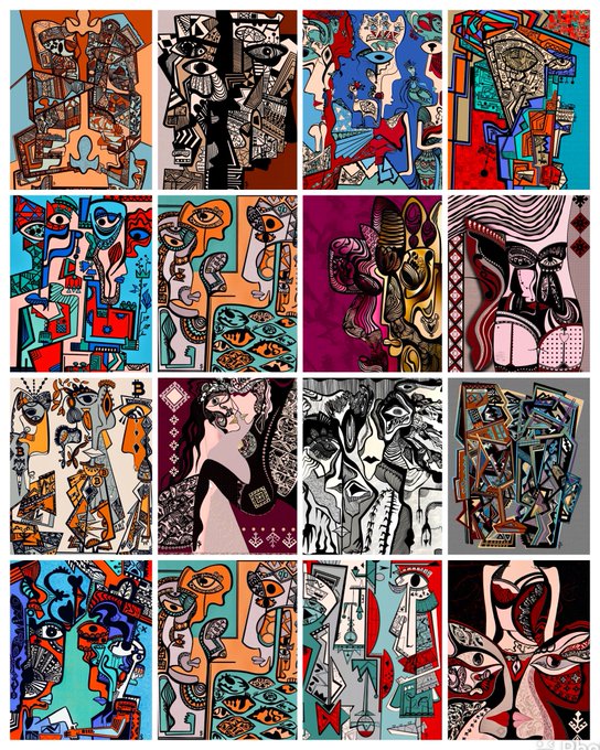 A grid of colorful, abstract, cubist-style paintings featuring distorted faces and figures.
