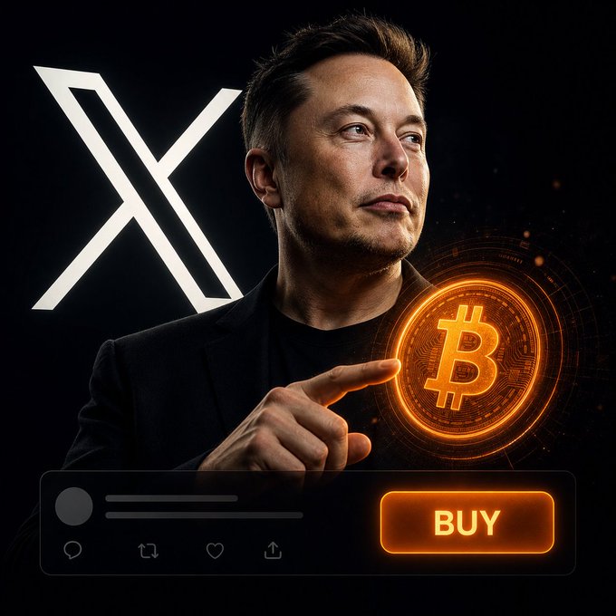 An AI-generated promotional image shows Elon Musk next to the X logo and a glowing Bitcoin symbol, with a 'BUY' button styled like a social media interface at the bottom.