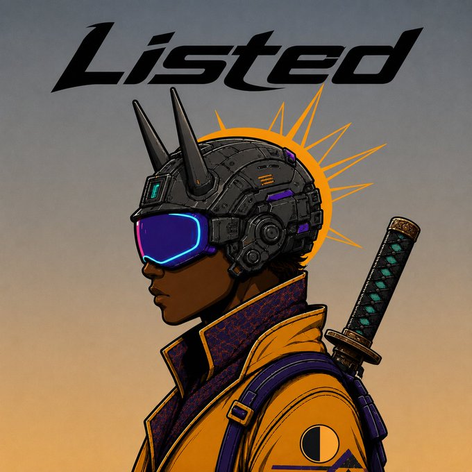 Digital illustration of a character wearing a spiked futuristic helmet with blue goggles, a yellow jacket, and a katana on their back, with the word 'Listed' in bold stylized text at the top.