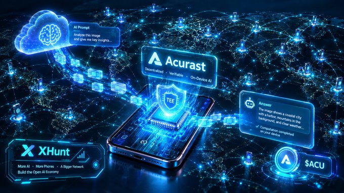 A futuristic digital artwork showcasing AI technology, featuring the Acurast platform with TEE (Trusted Execution Environment), XHunt app, and AI-powered functions like image analysis and coastal city weather responses.