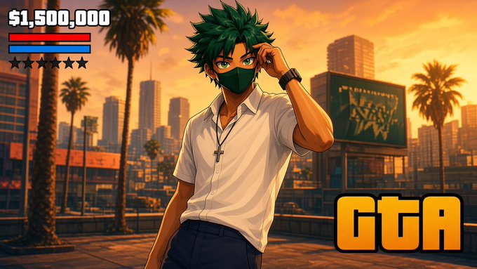 An anime-style GTA thumbnail showing a green-haired masked character with a $1,500,000 health bar and 'GTA' logo in a city setting at sunset.