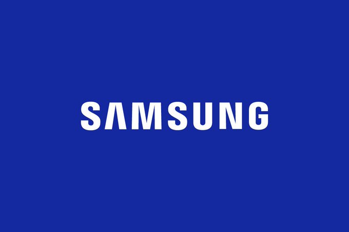 The classic blue Samsung logo on a solid blue background.