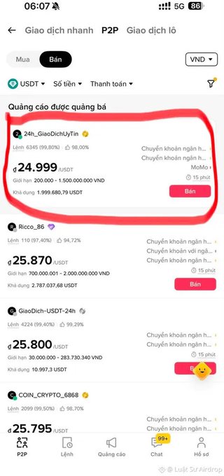 A screenshot of a Vietnamese cryptocurrency trading app showing P2P USDT sell listings in VND, with one listing circled in red showing '24h_GiaoDichUyTin' offering 24.999 USDT with limits of 200,000-1,500,000,000 VND.
