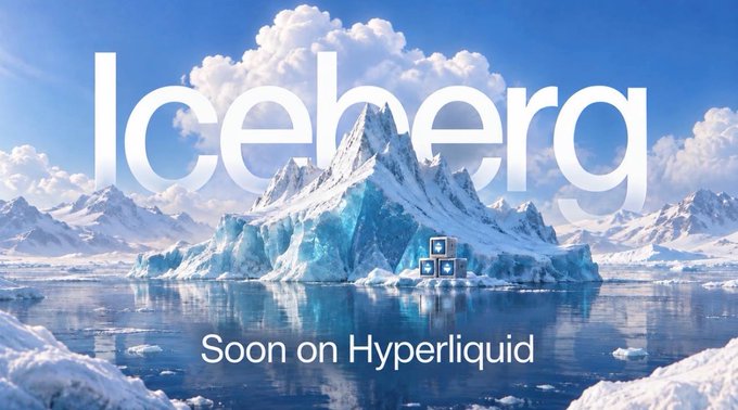A promotional graphic displays the word "Iceberg" in large white letters across a dramatic arctic scene of an iceberg and snow-capped mountains, with "Soon on Hyperliquid" written below and a small chain logo in the center. The icy imagery ties directly to the caption "Hyperliquid just got colder," playfully hinting at the launch of a new feature or product on the platform.