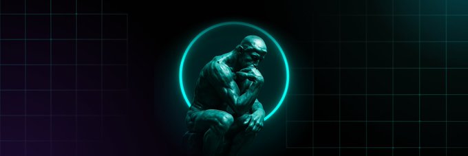 A dark, glowing teal and cyan digital artwork depicting a muscular, bald humanoid figure posed like Auguste Rodin's 'The Thinker' within a glowing circular halo against a grid background.