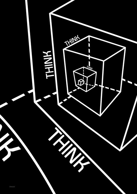 A black and white optical illusion design featuring concentric wireframe cubes with the word "THINK" repeating on various surfaces and edges.