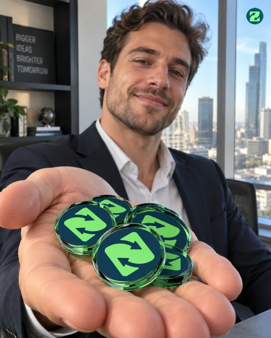 A man in a suit smiles while holding out several green tokens featuring the 'Z' logo for the ZetaChain cryptocurrency.