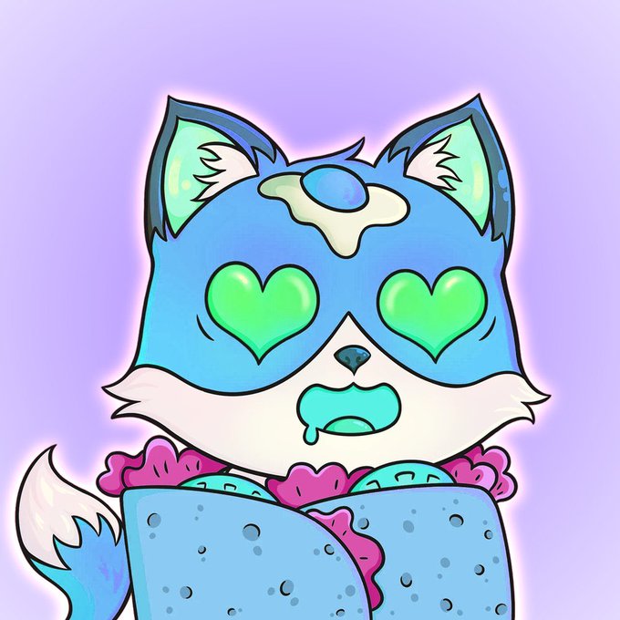 A cartoon illustration of a cute blue cat-like character with green heart-shaped eyes and a small green tongue, wearing blue polka-dot clothing against a light purple background.