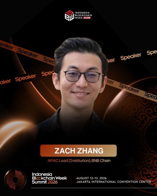 The image is a promotional speaker announcement for Indonesia Blockchain Week 2026, featuring Zach Zhang, APAC Lead (Institution) at BNB Chain, scheduled to appear at the Indonesia Blockchain Summit on August 12-13, 2026 at the Jakarta International Convention Center. The announcement ties into the post's promotion of an appearance at the event, likely highlighting Zach Zhang as a featured speaker at the Tether Stage on August 13 at 14:00.