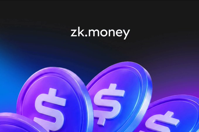 A promotional image with the text 'zk.money' displayed above several purple and blue 3D coins bearing dollar signs.
