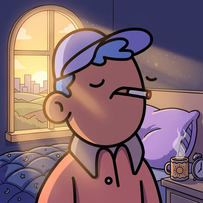 An illustration of a character wearing a blue cap and pink pajamas, peacefully smoking a cigarette with a sunrise view through a window behind them and a steaming mug on the nightstand.