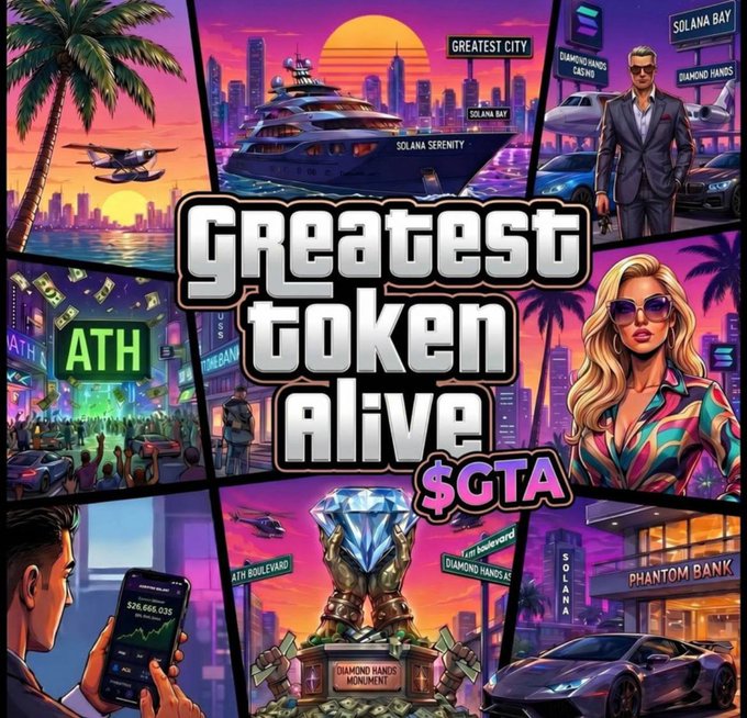 A vibrant, retro-synthwave style collage showcases "Greatest Token Alive ($GTA)" with various panels featuring Solana Bay, a yacht labeled "Solana Serenity," a "Diamond Hands" monument, Phantom Bank, and a phone displaying "$26,666,035" — visually embodying the wealth, loyalty, and community ("diamond hands") that holders of $GTA would miss if it disappeared. The image directly ties to the post's question by highlighting the luxurious lifestyle and iconic symbols associated with the $GTA token brand.